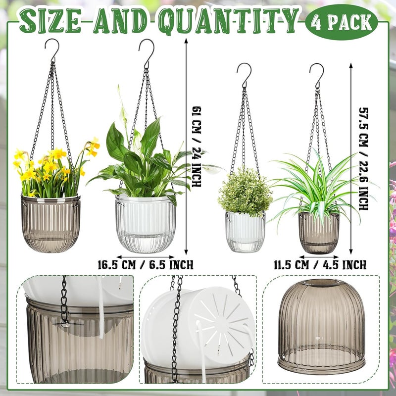 Maxcheck 4 Pcs Self Watering Hanging Planters Indoor Gift 6.5'' 4.5'' Hanging Flower Pots Baskets Outdoor Self Watering Plant with 3hooks Drainage Holes for Home(Grey,Clear) - Image 2